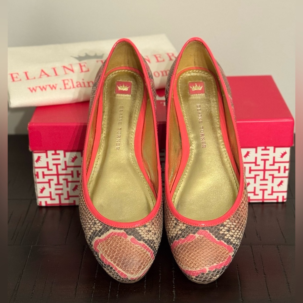 ELAINE TURNER Paige Python Leather Flats, Color: Pink and Tan, Size: 7